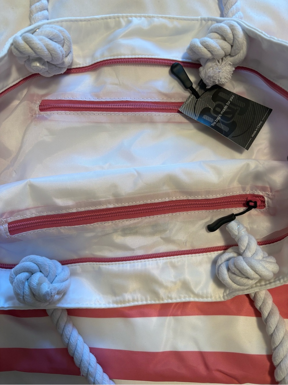 Striped Pink and White Rope-Handle Tote Bag NWT - Picture 3 of 4